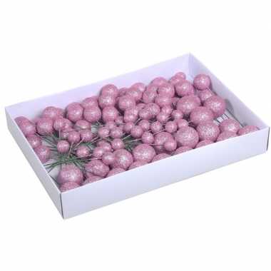 100x roze glitter mini kerstballen stekers kunststof 2/3/4 cm