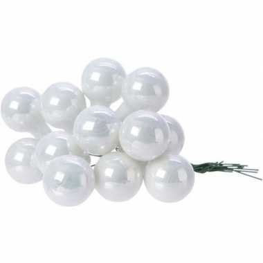 10x winter witte mini kerstballen kerststukje stekers 2 cm glans