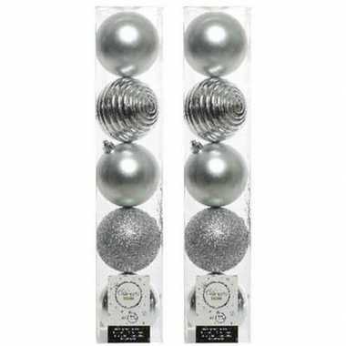 10x zilveren kerstballen 8 cm glanzende/matte/glitter kunststof/plastic kerstversiering