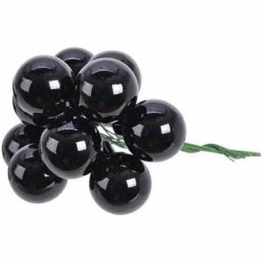 10x zwarte mini kerstballen kerststukje stekers 2 cm glans