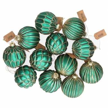 12x glazen kerstballen emerald groen met goud 8 cm