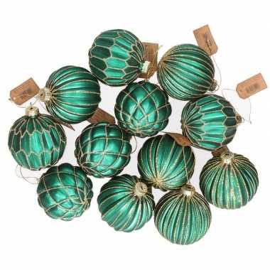 12x glazen kerstballen turquoise blauw met goud 8 cm
