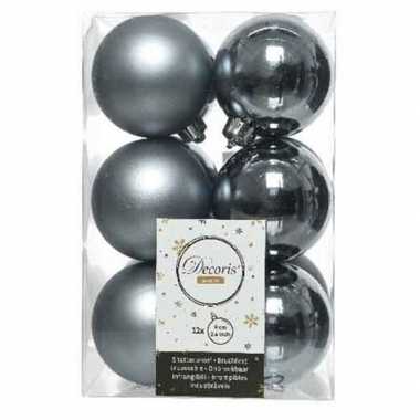 12x grijsblauwe kerstballen 6 cm glanzende/matte kunststof/plastic kerstversiering