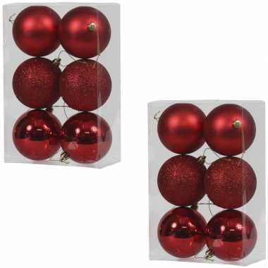 12x rode kunststof kerstballen 8 cm glans/mat/glitter