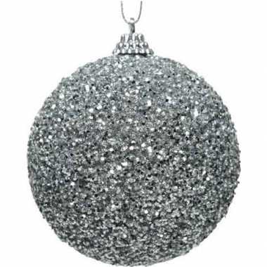 12x zilveren kerstballen 8 cm glitters/kraaltjes kunststof kerstversiering