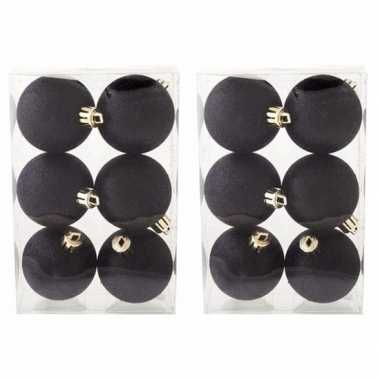 12x zwarte kerstballen 6 cm glitter kunststof/plastic kerstversiering