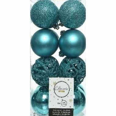 16x turquoise blauwe kerstballen 6 cm glanzende/matte/glitter kunststof/plastic kerstversiering