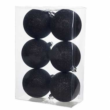 18x zwarte kerstballen 8 cm glitter kunststof/plastic kerstversiering