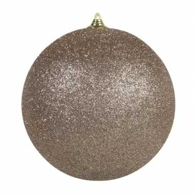 1x champagne grote kerstballen met glitter kunststof 13,5 cm