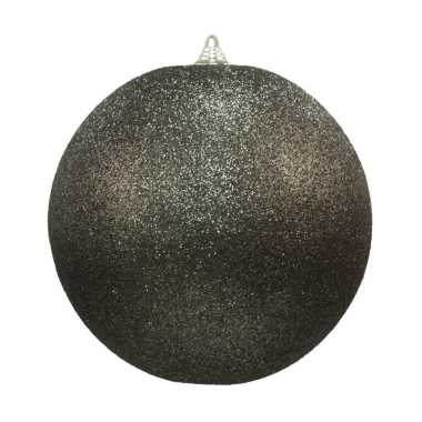 1x zwarte grote kerstballen met glitter kunststof 13,5 cm