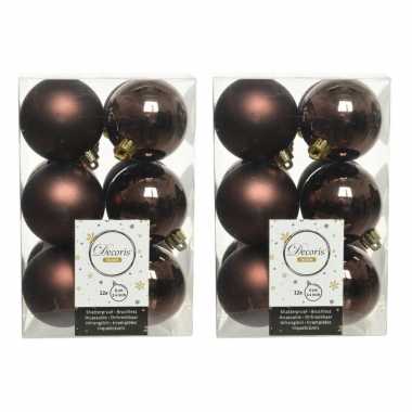 24x donkerbruine kerstballen 6 cm kunststof mat/glans