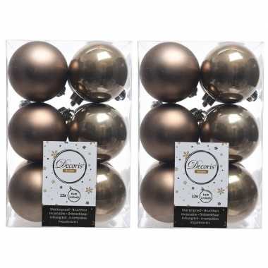 24x kasjmier bruine kerstballen 6 cm glanzende/matte kunststof/plastic kerstversiering