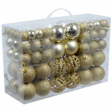2x stuks pakket met 100x gouden kerstballen kunststof 3, 4, 6 cm