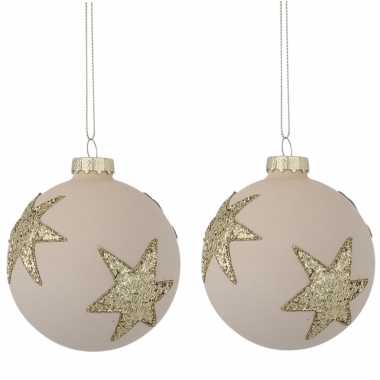 2x witte kunststof kerstballen met gouden sterren 8 cm