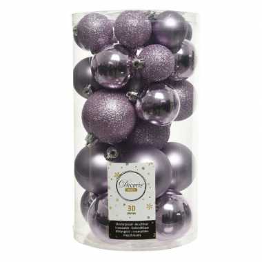 30x lila paarse kerstballen 4 - 5 - 6 cm kunststof mat/glans/glitter