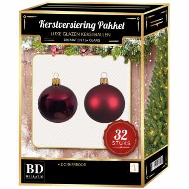 32 stuks mix glazen kerstballen pakket donkerrood 6 / 8 / 10 cm