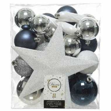 33x blauwe/witte/zilveren kerstballen 5-6-8 cm glanzende/matte/glitter kunststof/plastic kerstversiering