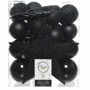 33x zwarte kerstballen met ster piek 5-6-8 cm kunststof mix