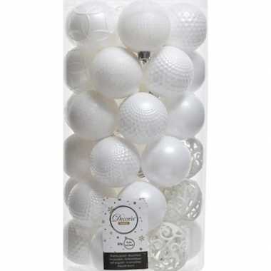 37x winter witte kerstballen 6 cm glanzende/matte/glitter kunststof/plastic kerstversiering