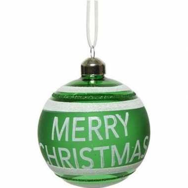 3x groene glazen kerstballen merry christmas 8 cm