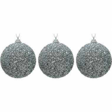 3x zilveren kerstballen 8 cm glitters/kraaltjes kunststof kerstversiering