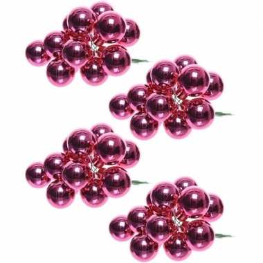 40x fuchsia roze mini kerstballen kerststukje stekers 2 cm glans