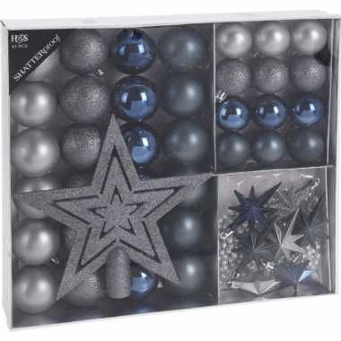 45x blauw/grijs tinten kerstballen 4-5-8 cm en kerstslinger piek matte/glanzende/glitters kunststof/plastic kerstversiering
