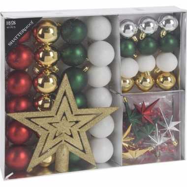 45x klassieke kerst kerstballen 4-5-8 cm en kerstslinger piek matte/glanzende/glitters kunststof/plastic kerstversiering