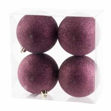4x aubergine roze kerstballen 10 cm glitter kunststof/plastic kerstversiering