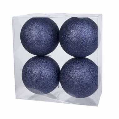 4x donkerblauwe kerstballen 10 cm glitter kunststof/plastic kerstversiering