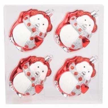 4x kerstboom decoratie kerstballen pinguin rood 8 cm