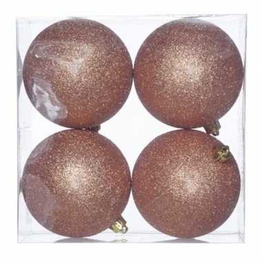 4x koperen kerstballen 10 cm glitter kunststof/plastic kerstversiering