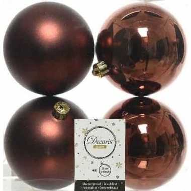 4x mahonie bruine kerstballen 10 cm glanzende/matte kunststof/plastic kerstversiering