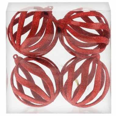 4x rode open draad kerstballen met glitters kunststof 8 cm