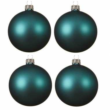 4x turkoois blauwe kerstballen 10 cm matte glas kerstversiering
