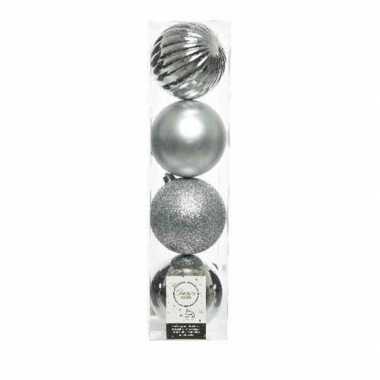 4x zilveren kerstballen 10 cm glanzende/matte/glitter kunststof/plastic kerstversiering