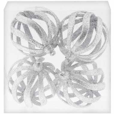 4x zilveren open draad kerstballen met glitters kunststof 8 cm