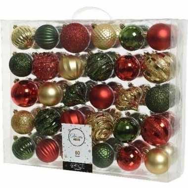 60x rode/gouden/groene kerstballen 6-7 cm glanzende/matte/glitter kunststof/plastic kerstversiering
