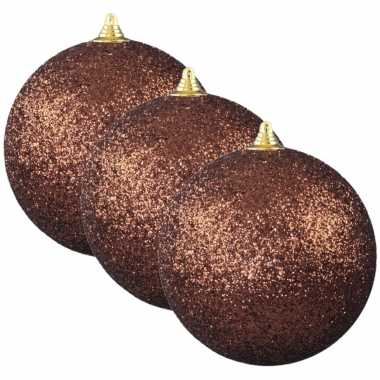 6x bruine grote kerstballen met glitter kunststof 13,5 cm