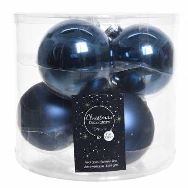 6x donkerblauwe glazen kerstballen 8 cm glans en mat