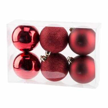6x donkerrode kerstballen 8 cm kunststof mat/glans/glitter