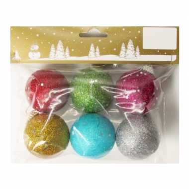 6x gekleurde glitter kerstballen van piepschuim 5 cm