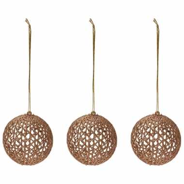 6x gouden glitter draad/rotan look kerstballen kunststof 9 cm