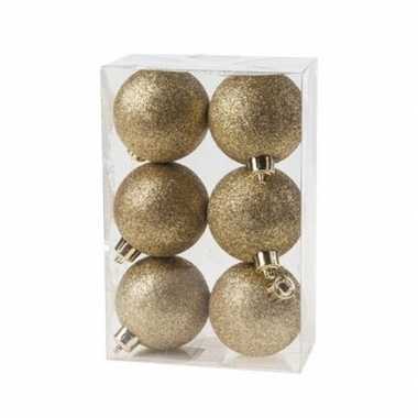 6x gouden kerstballen 6 cm glitter kunststof/plastic kerstversiering