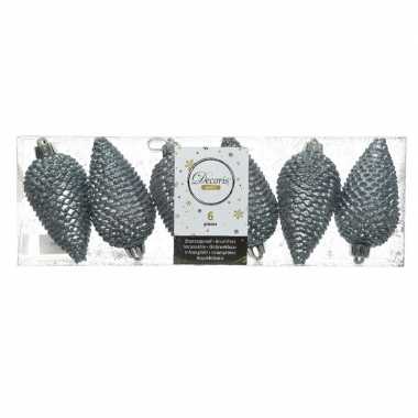 6x grijsblauwe kerstballen 8 cm glitter kunststof/plastic kerstversie