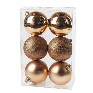 6x koperkleurige kerstballen 8 cm glanzende/matte kunststof/plastic kerstversiering