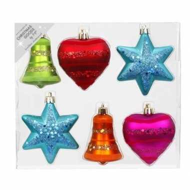6x kunststof kersthangers/kerstballen figuurtjes gekleurd 9 cm