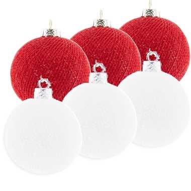 6x rode en witte kerstballen 6,5 cm cotton balls kerstboomversiering