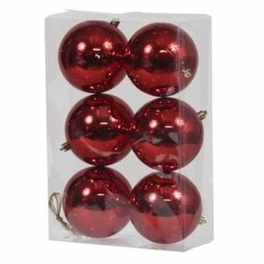 6x rode kerstballen 10 cm glanzende kunststof/plastic kerstversiering