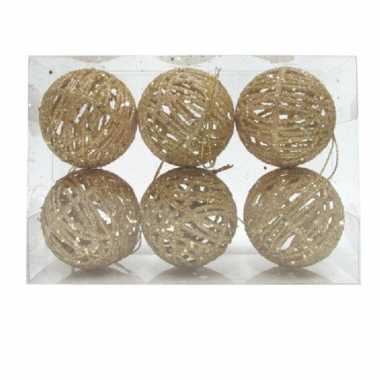 6x rotan kerstballen goud met glitters 5 cm kerstboomversiering